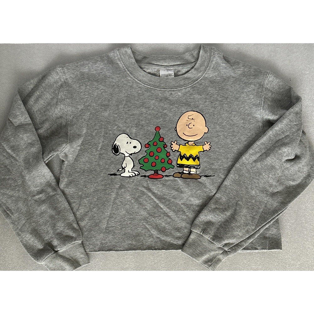 Peanuts Graphic cropped Sweatshirt Womens Size S Snoopy Charlie Brown Grey
